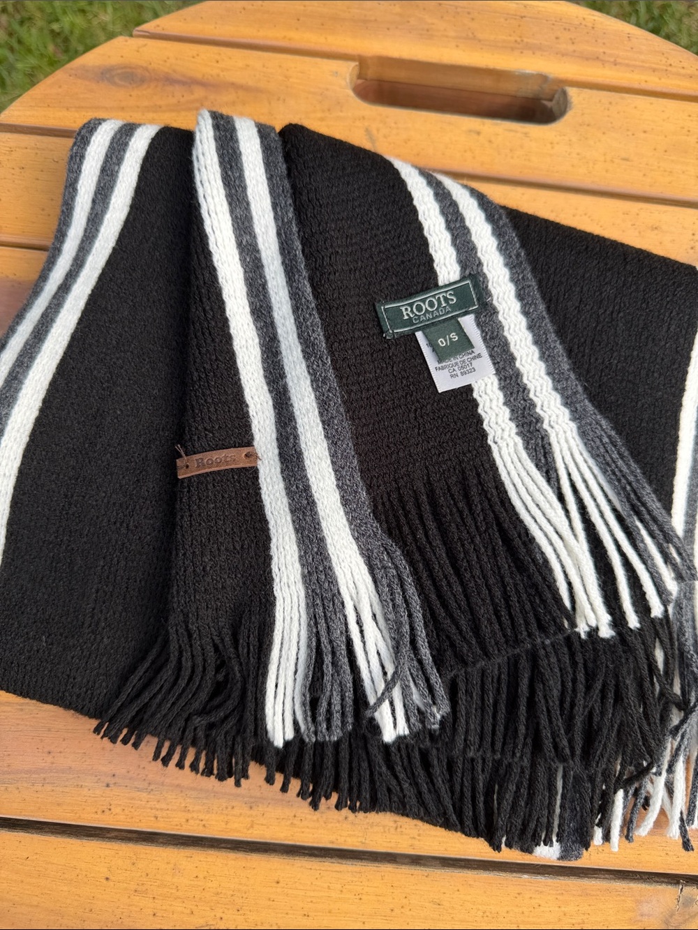 Roots Canada Black Stripe Knit Winter Scarf Fringed Heritage O/S